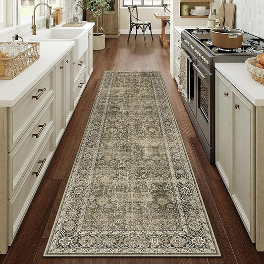 Light Brown Runner Rug 3x8 Vintage Area Rug Hallway Indoor Kitchen Washable Living Room Carpet Tribal Distressed Rug Retro Accent Throw Rug for Office Dining Room Bathroom Faux Wool
