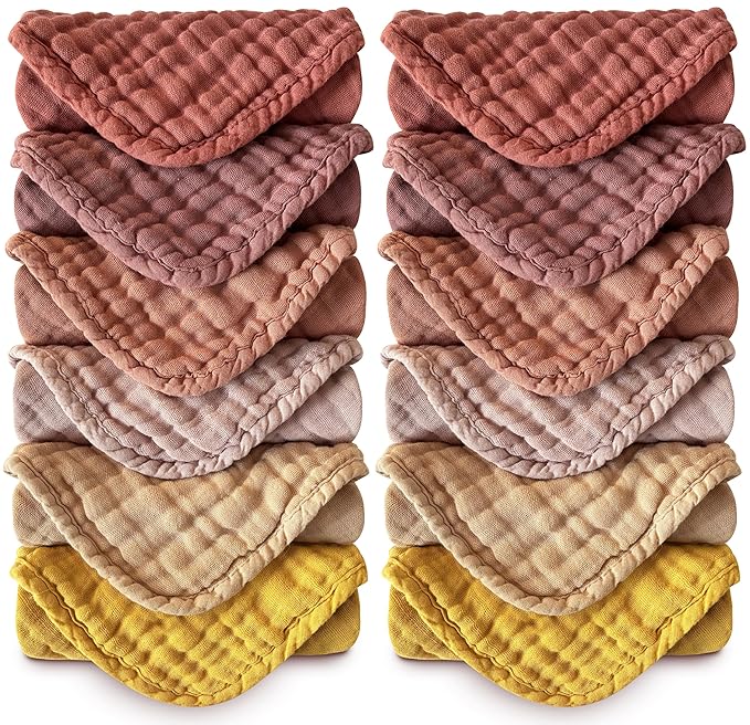 MOON PARK Baby Washcloths, 12 Pack - 12x12 Inches, Small Burp Cloths and Baby Wipes - 100% Cotton Muslin Ultra Soft for Newborn, Infant and Toddlers - Brown, Honey and Bean Paste Series