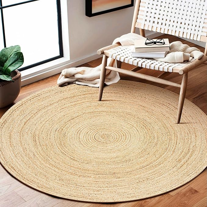 Hausattire Hand Woven Jute Braided Rug, 5’ Round – Natural, Reversible Boho Entry Area Rugs for Kitchen, Living Room I Farmhouse Decorative Floor Rug, 5 Feet Round
