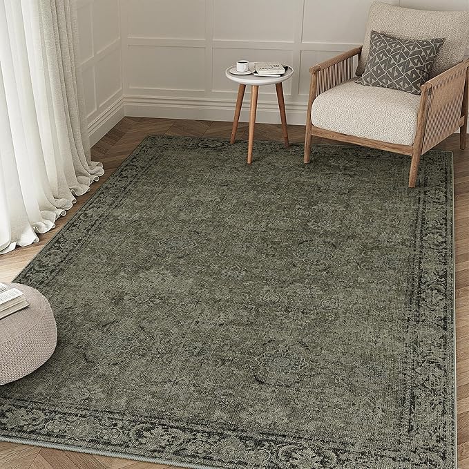 Vintage Area Rug 4x6 Washable Olive Brown Entryway Living Room Carpet Indoor Non Slip Entrance Low Pile Office Distressed Retro Accent Throw Rug for Dining Room Bathroom Bedroom Laundry