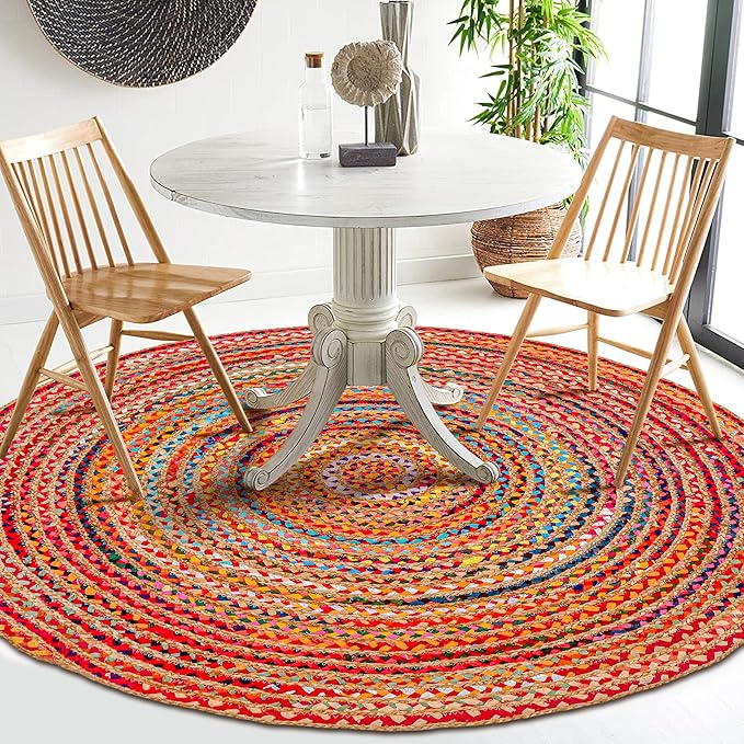 Hausattire Bohemian Braided Rug 4' Round - Multi Color, Circle Farmhouse Jute Cotton Area Rag Rug for Kitchen, Kids Bedroom, Playroom | Colorful Hand Woven Reversible Pet Friendly Carpet