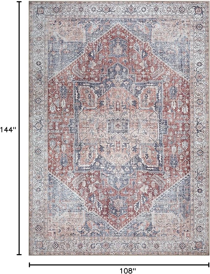 Bloom Rugs Washable Non-Slip 9' x 12' Rug - Red/Blue Traditional Medallion Area Rug for Living Room, Bedroom, Dining Room, and Kitchen - Exact Size: 9' x 12'