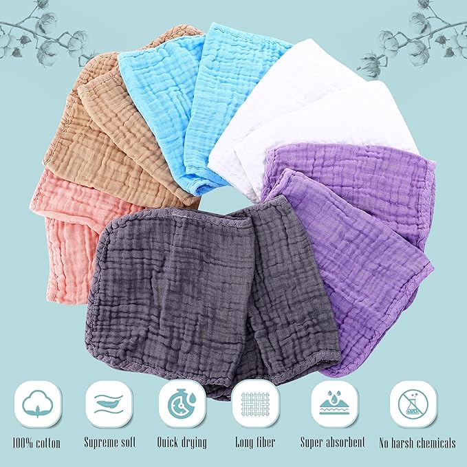 24 Pack Muslin Burp Cloths for Baby - Ultra-Soft 100% Cotton Baby Washcloths - Large 20'' by 10'' Super Absorbent Milk Spit Up Rags - Burpy Cloths for Unisex, Boy, Girl - Multicolor