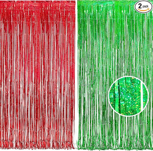 BRAVESHINE Tinsel Foil Fringe Curtains - 2 Pack 3.2 x 8.2 ft Metallic Photo Booth Streamer Backdrops for Birthdays Fiestas Melons Hawaiian Luau Tropical-Theme Christmas Party Decorations - Red Green