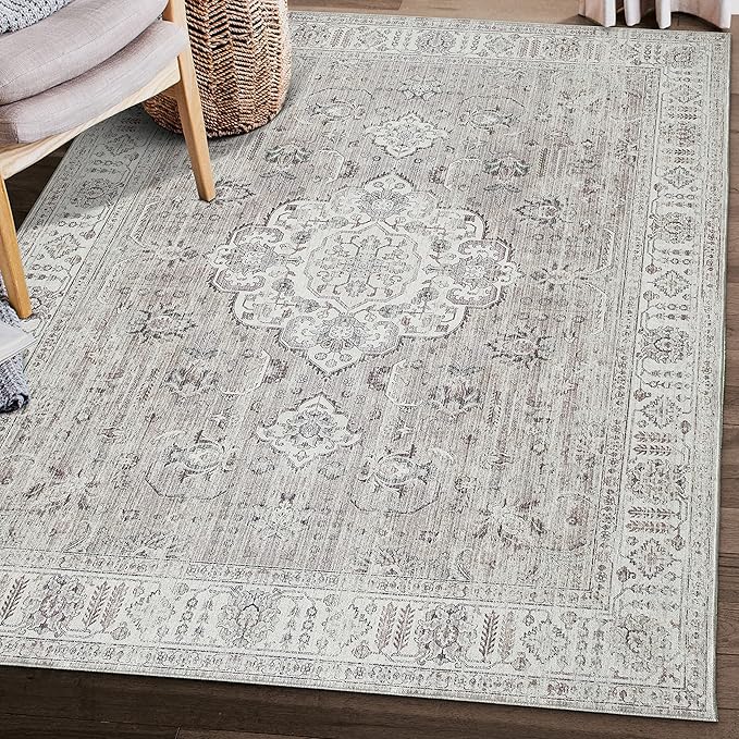 ReaLife Machine Washable Area Rug - Living Room Bedroom Bathroom Kitchen Entryway Office - Padded Low Pile Stain Resistant Premium - Boho Farmhouse Vintage - Ola - Beige 4' x 6'