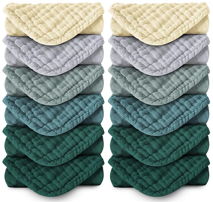 MOON PARK Baby Washcloths, 12 Pack - 12x12 Inches, Small Burp Cloths and Baby Wipes - 100% Cotton Muslin Ultra Soft for Newborn, Infant and Toddlers - Ivory, Slate and Emerald Series