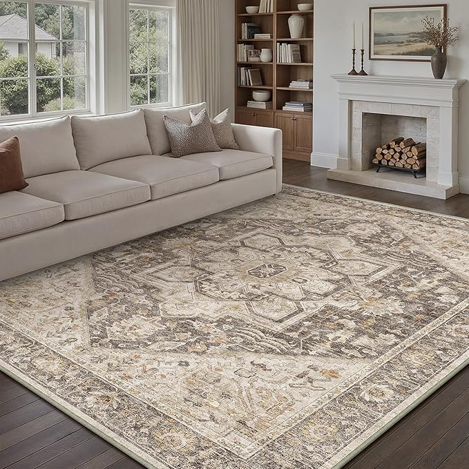 Taupe Brown Area Rug 9x12 Vintage Washable Distressed Living Room Carpet Large Indoor Non Slip Traditional Medallion Retro Low Pile Accent Throw Rug Bedroom Kitchen Office Dining Room