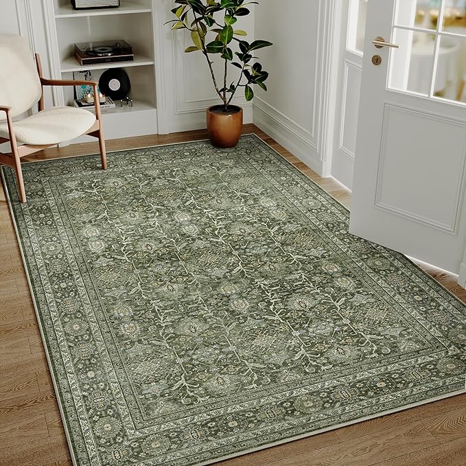 Vintage Area Rug 6x9 Green Washable Living Room Large Carpet Non Slip Bedroom Indoor Office Low Pile Traditional Distressed Retro Accent Rug for Dining Room Kitchen