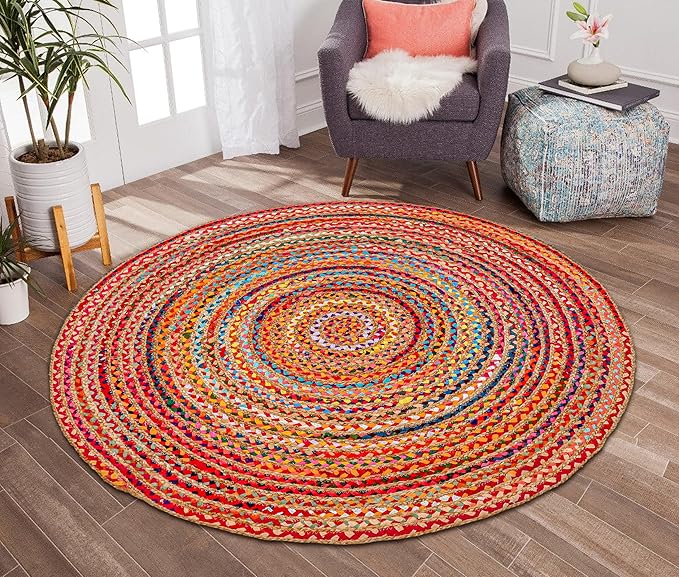 Hausattire Bohemian Braided Rug 4' Round - Multi Color, Circle Farmhouse Jute Cotton Area Rag Rug for Kitchen, Kids Bedroom, Playroom | Colorful Hand Woven Reversible Pet Friendly Carpet