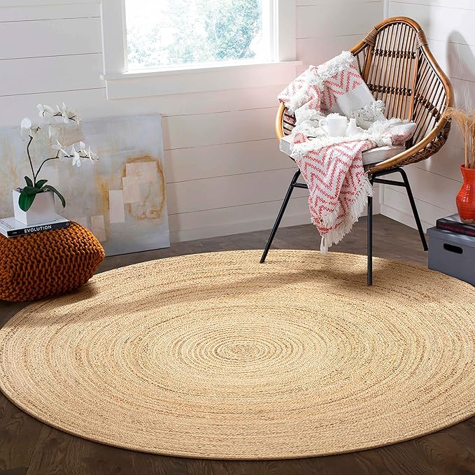Hausattire Hand Woven Jute Braided Rug, 5’ Round – Natural, Reversible Boho Entry Area Rugs for Kitchen, Living Room I Farmhouse Decorative Floor Rug, 5 Feet Round