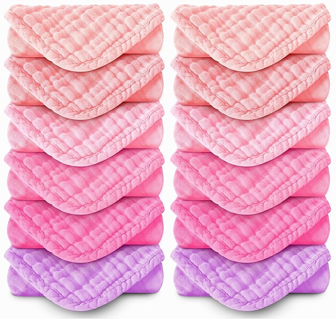 MOON PARK Baby Washcloths, 12 Pack - 12x12 Inches, Small Burp Cloths and Baby Wipes - 100% Cotton Muslin Ultra Soft for Newborn, Infant and Toddlers - Pink, Purple and Sakura Series