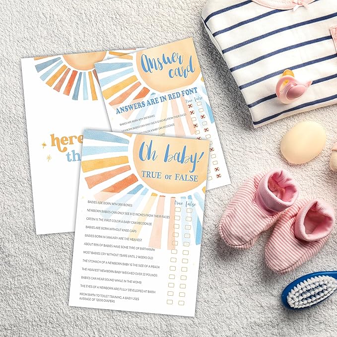 Oh Baby! True Or False - Retro Sunshine Baby Shower Game Set - 30 Game Cards + 1 Answer Cards -Watercolor Sun Theme Baby Shower Game Kit, Gender Reveal, Party Favor & Supplies - A04