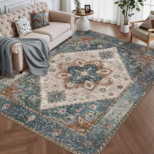 Ciicool 4x6 Rug, Washable Area Rug Boho Rugs for Living Room Non-Slip Indoor Rugs Low-Pile Mat Floor Carpet Vintage Rug for Bedroom Dinning Office Foyer Decor