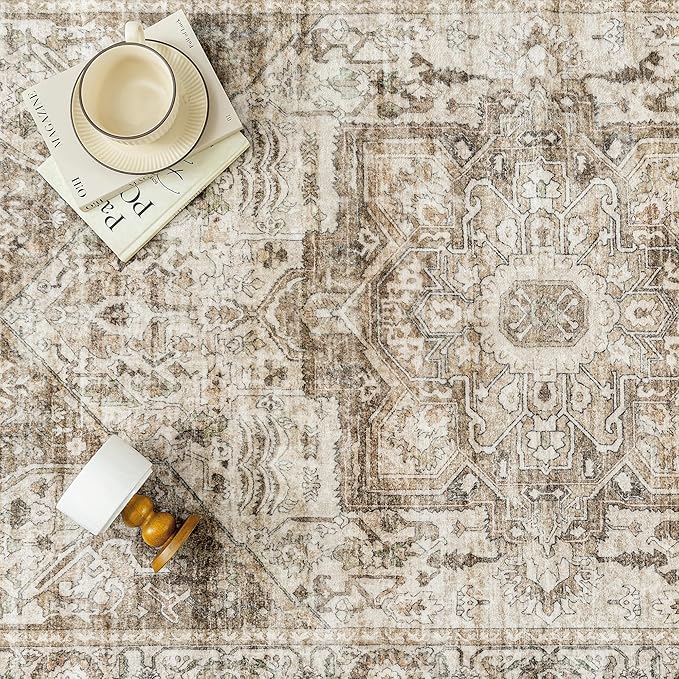 Brown Area Rug 9x12 Vintage Washable Distressed Living Room Carpet Large Indoor Non Slip Traditional Medallion Retro Low Pile Accent Throw Rug Bedroom Kitchen Office Dining Room