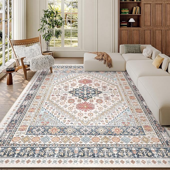 zesthome 5x7 Area Rugs - Ultra-Thin Washble Rug, Stain Resistant Anti Slip Backing Rugs for Living Room,Bedroom, Vintage Home Decor Area Rug (Multi,5'x7')