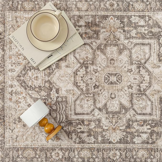 Taupe Brown Area Rug 9x12 Vintage Washable Distressed Living Room Carpet Large Indoor Non Slip Traditional Medallion Retro Low Pile Accent Throw Rug Bedroom Kitchen Office Dining Room