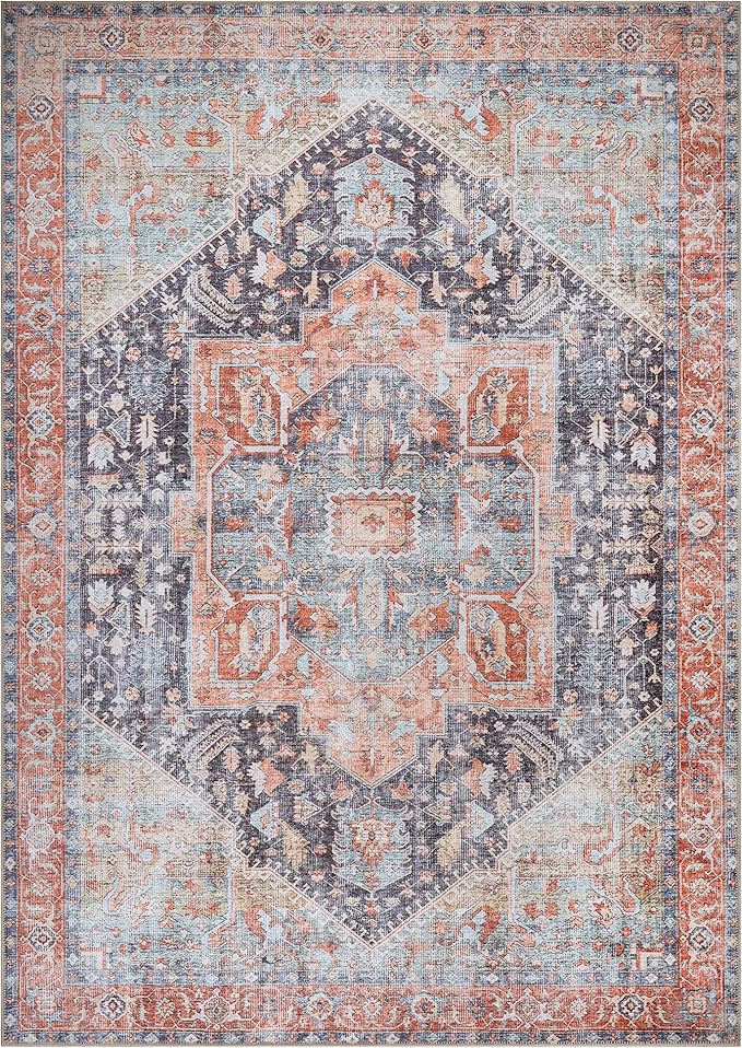 Bloom Rugs Washable Non-Slip 8' x 10' Rug - Terracotta/Blue Traditional Medallion Area Rug for Living Room, Bedroom, Dining Room, and Kitchen - Exact Size: 8' x 10'
