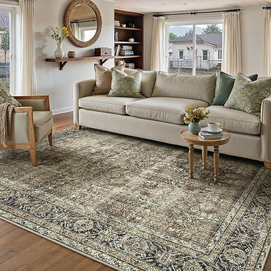 Vintage Area Rug 5x7 Brown Washable Living Room Large Carpet Non Slip Bedroom Indoor Office Low Pile Traditional Distressed Retro Accent Rug for Dining Room Bathroom Kitchen
