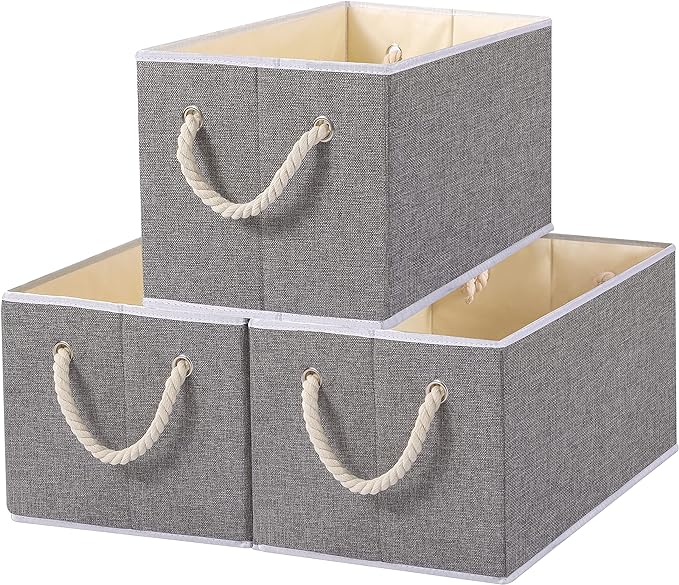 Yawinhe Foldable Fabric Storage Cubes 3-Pack, Collapsible Bins with Rope Handle, Large Closet Organizers for Shelves, Closets, Clothes, 14.96''Lx9.84''Wx8.26''H, Grey