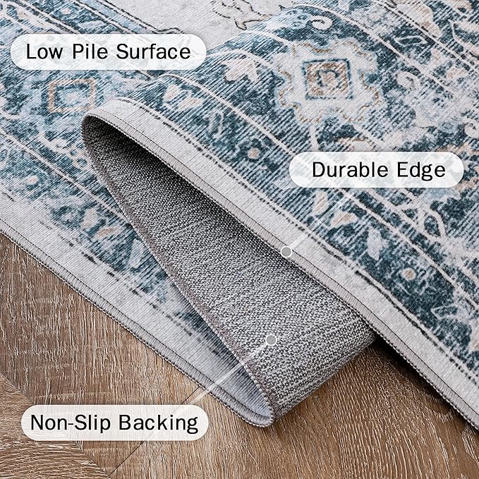 GENIMO 3x5 Area Rugs for Living Room, Machine Washable Rug, Non Slip Vintage Rugs, Low Pile Lightweight Chenille Print Rug for Bedroom, Dining Room, Home Office, Blue