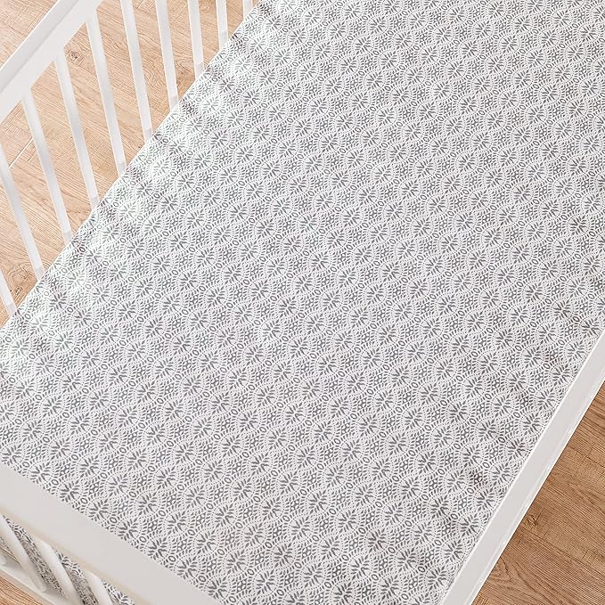 Levtex Baby - Kenya Crib Fitted Sheet - Fits Standard Crib and Toddler Mattress - Geometric Leaf Design - Grey and Taupe - Nursery Accessories - 100% Cotton