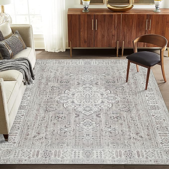 ReaLife Machine Washable Area Rug - Living Room Bedroom Bathroom Kitchen Entryway Office - Padded Low Pile Stain Resistant Premium - Boho Farmhouse Vintage - Ola - Beige 4' x 6'
