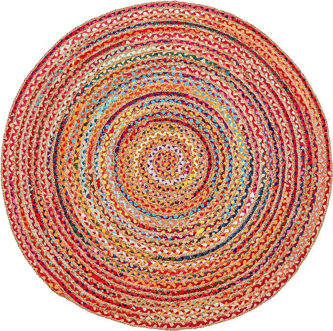 Hausattire Bohemian Braided Rug 5' Round - Multi Color, Rustic Hand Woven Rag Rugs for Kitchen, Kids Bedroom, Living Room | Colorful Farmhouse Pet Friendly Reversible Decorative Carpet