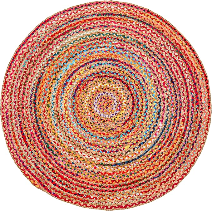 Hausattire Bohemian Braided Rug 4' Round - Multi Color, Circle Farmhouse Jute Cotton Area Rag Rug for Kitchen, Kids Bedroom, Playroom | Colorful Hand Woven Reversible Pet Friendly Carpet