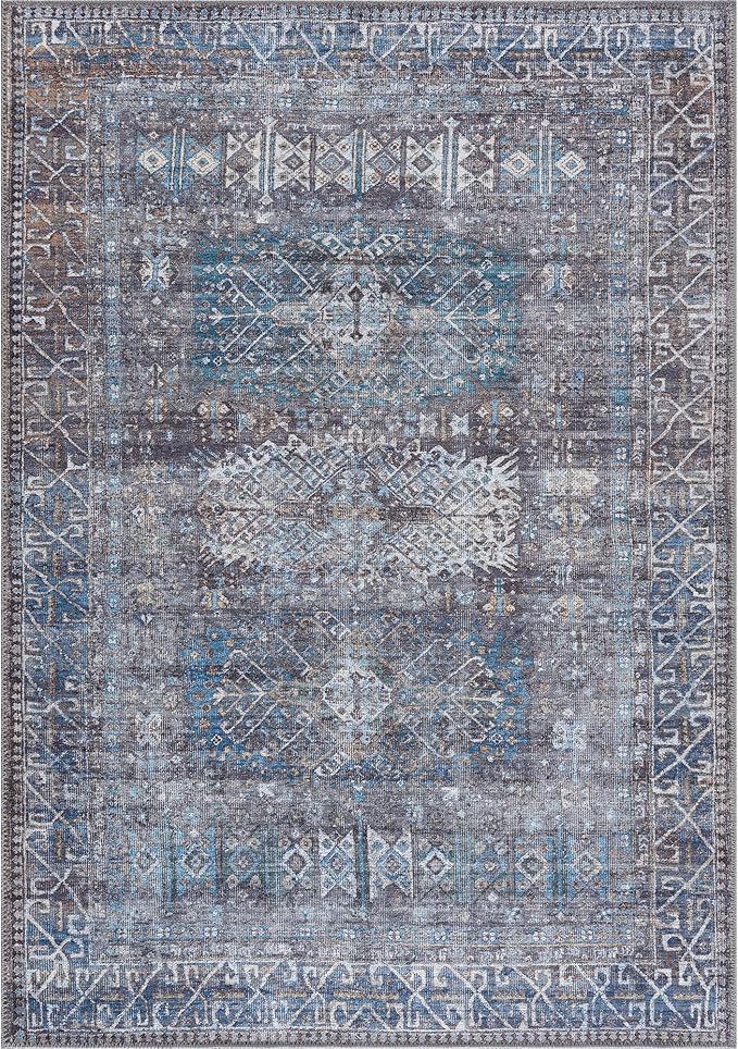 Bloom Rugs Washable 6' x 9' Rug - Slate Gray/Blue Traditional Area Rug for Living Room, Bedroom, Dining Room, and Kitchen - Exact Size: 6' x 9'