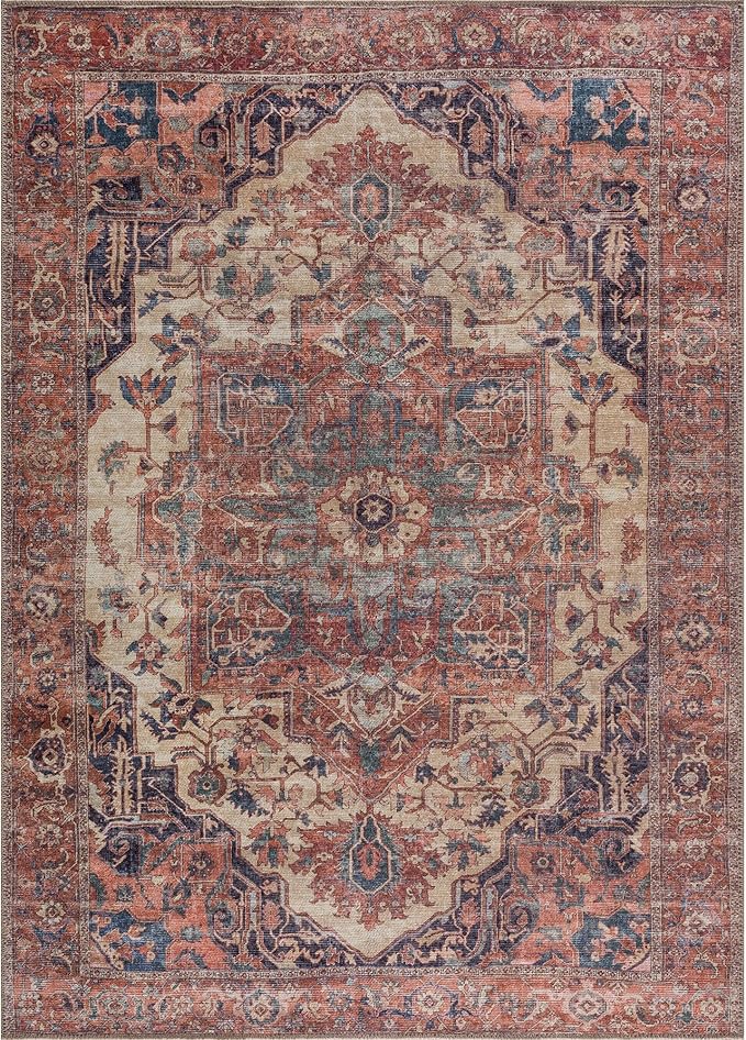 Bloom Rugs Washable 3' x 5' Rug - Beige/Terracotta Traditional Area Rug for Living Room, Bedroom, Dining Room, and Kitchen - Exact Size: 3' x 5'
