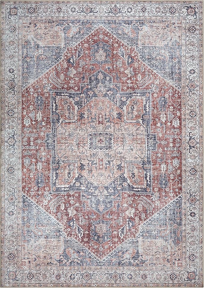 Bloom Rugs Washable Non-Slip 8' x 10' Rug - Red/Blue Traditional Medallion Area Rug for Living Room, Bedroom, Dining Room, and Kitchen - Exact Size: 8' x 10'