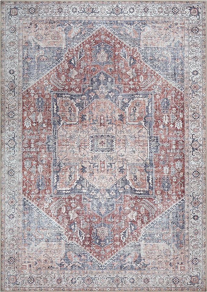 Bloom Rugs Washable Non-Slip 9' x 12' Rug - Red/Blue Traditional Medallion Area Rug for Living Room, Bedroom, Dining Room, and Kitchen - Exact Size: 9' x 12'