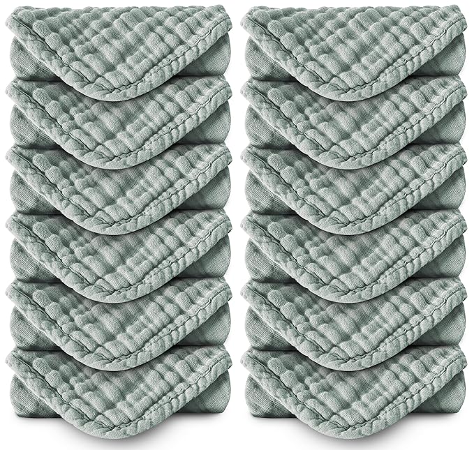 MOON PARK Baby Washcloths, 12 Pack - 12x12 Inches, Small Burp Cloths and Baby Wipes - 100% Cotton Muslin Ultra Soft for Newborn, Infant and Toddlers - Green