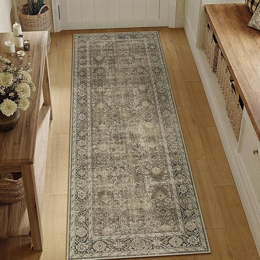Light Brown Runner Rug 2x6 Vintage Area Rug Hallway Indoor Kitchen Washable Living Room Carpet Tribal Distressed Rug Retro Accent Throw Rug for Office Dining Room Bathroom Faux Wool