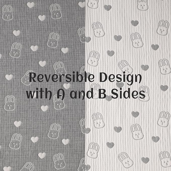 NTBAY 3 Layer Muslin Cotton Toddler Blanket, Jacquard Reversible Nursery Bed Blanket, Super Soft and Thermal for All Seasons, Decoration Gift, 30"x40", Dark Grey Rabblt