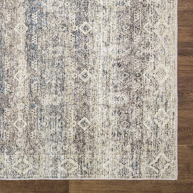 Bloom Rugs Caria Washable Non-Slip 7 ft Runner - Beige Brown/Teal Traditional Runner for Entryway, Hallway, Bathroom, and Kitchen - Exact Size: 2'6" x 7'