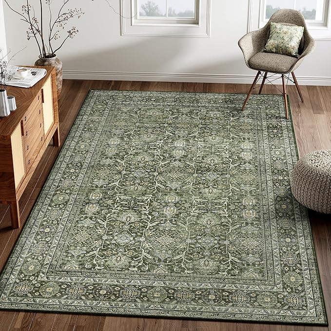 Vintage Area Rug 3x5 Green Entryway Office Washable Carpet Non Slip Bedroom Indoor Living Room Door Mat Low Pile Traditional Distressed Retro Accent Rug for Dining Room Bathroom Kitchen