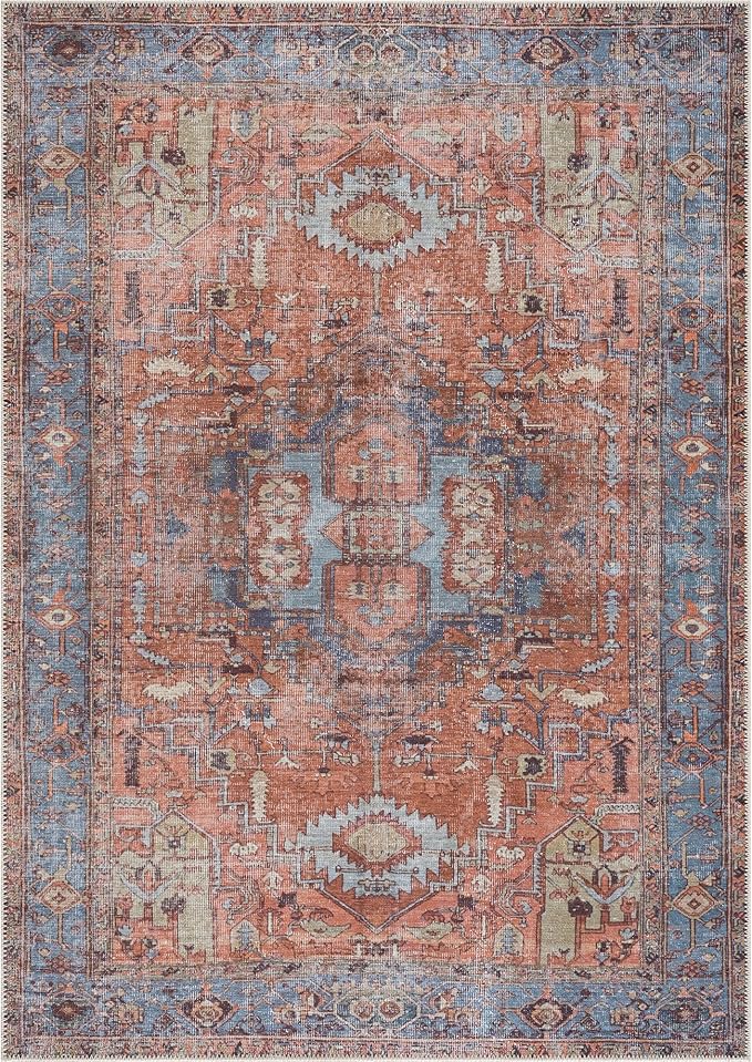 Bloom Rugs Washable 9' x 12' Rug - Terracotta/Blue Traditional Area Rug for Living Room, Bedroom, Dining Room, and Kitchen - Exact Size: 9' x 12'
