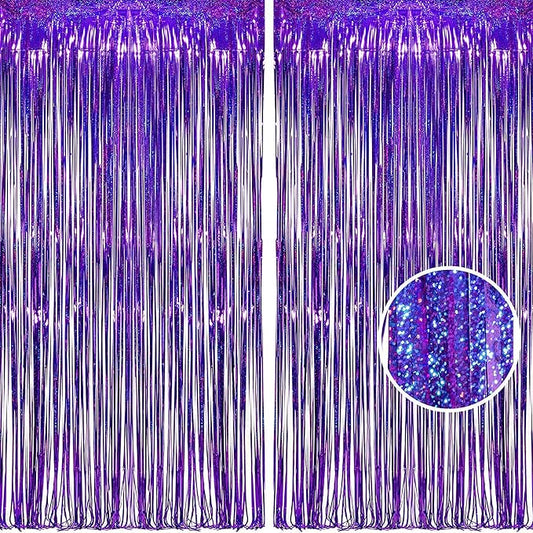 BRAVESHINE Purple Tinsel Foil Fringe Curtains - 2Pcs 3.2x8.2ft Metallic Holidays Photo Backdrop for Halloweens Birthdays Valentine's Bridal Shower Bachelorette Anniversary Engagement Party Supplies