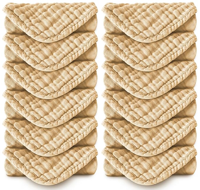 MOON PARK Baby Washcloths, 12 Pack - 12x12 Inches, Small Burp Cloths and Baby Wipes - 100% Cotton Muslin Ultra Soft for Newborn, Infant and Toddlers - Brown