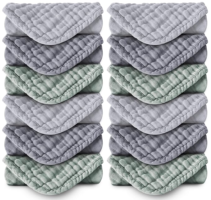 MOON PARK Baby Washcloths, 12 Pack - 12x12 Inches, Small Burp Cloths and Baby Wipes - 100% Cotton Muslin Ultra Soft for Newborn, Infant and Toddlers - Grey, Green and Slate
