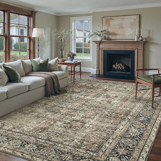Vintage Area Rug 12x15 Brown Washable Living Room Large Carpet Non Slip Bedroom Indoor Office Low Pile Traditional Distressed Retro Accent Rug for Dining Room
