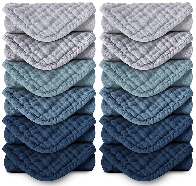 MOON PARK Baby Washcloths, 12 Pack - 12x12 Inches, Small Burp Cloths and Baby Wipes - 100% Cotton Muslin Ultra Soft for Newborn, Infant and Toddlers - Slate, Grey and Navy Series