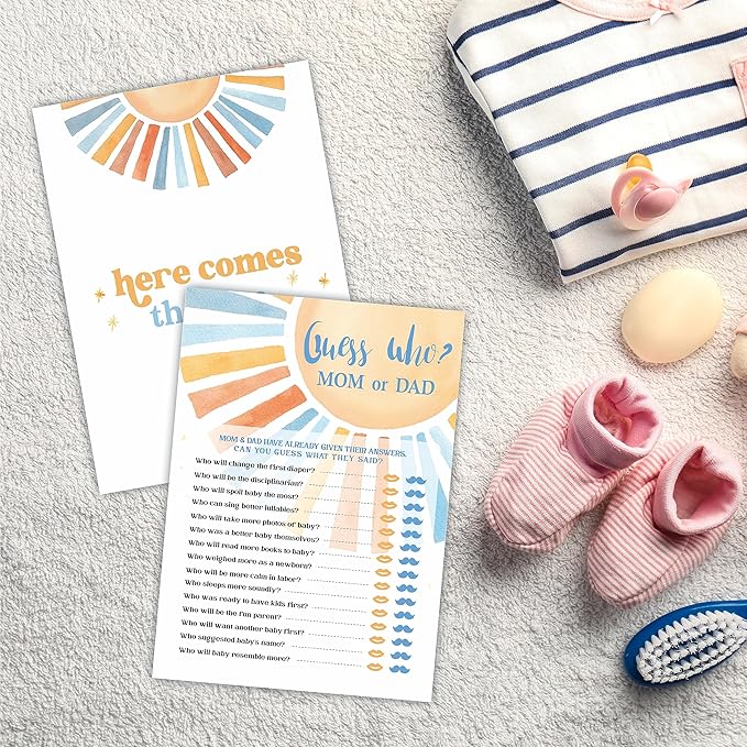 Guess Who? Mom Or Dad - Retro Sunshine Baby Shower Game Set - Watercolor Sunshine Theme Baby Shower Game Kit, Gender Reveal, Baby Announcement Party Favor & Supplies - A03