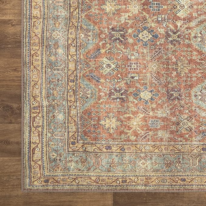 Bloom Rugs Washable Non-Slip 6' x 9' Rug - Terracotta/Mustard Traditional Area Rug for Living Room, Bedroom, Dining Room, and Kitchen - Exact Size: 6' x 9'
