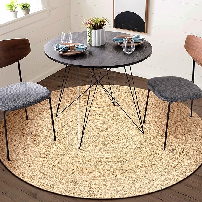 Hausattire Hand Woven Jute Braided Rug, 5’ Round – Natural, Reversible Boho Entry Area Rugs for Kitchen, Living Room I Farmhouse Decorative Floor Rug, 5 Feet Round