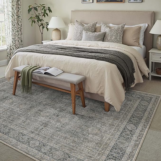 Vintage Area Rug 5x7 Grey Brown Washable Living Room Large Carpet Non Slip Bedroom Indoor Office Low Pile Traditional Distressed Retro Accent Rug for Dining Room Bathroom Kitchen