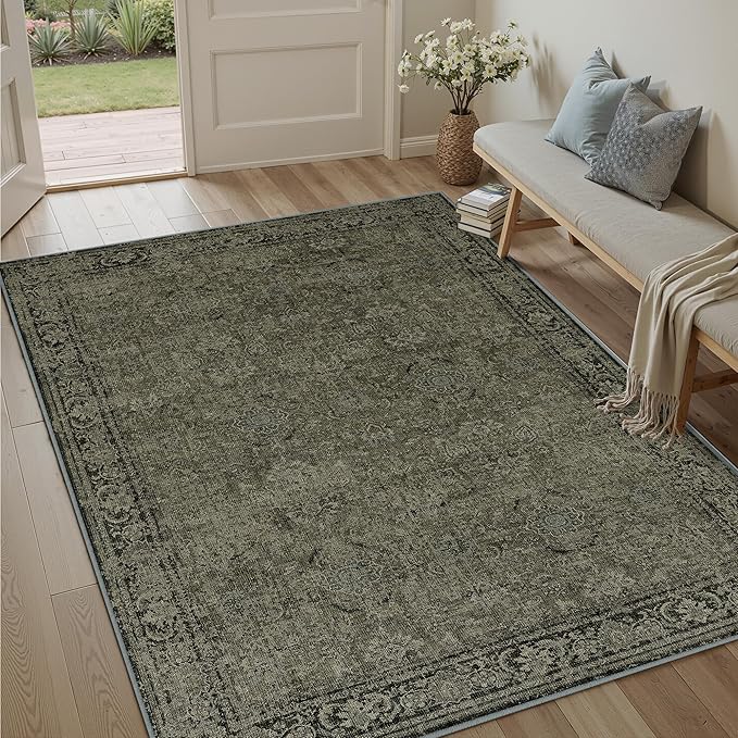 Vintage Area Rug 4x6 Washable Olive Brown Entryway Living Room Carpet Indoor Non Slip Entrance Low Pile Office Distressed Retro Accent Throw Rug for Dining Room Bathroom Bedroom Laundry