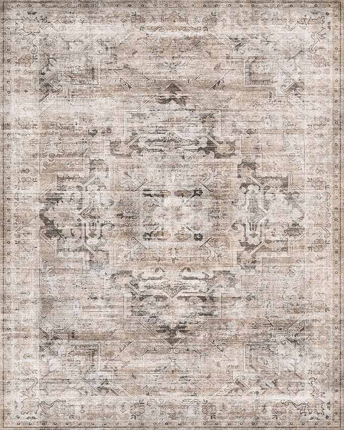 GENIMO 10x14 Area Rugs for Living Room, Machine Washable Non Slip Vintage Retro Rugs, Low Pile Lightweight Thin Print Rug for Bedroom, Dining Room, Home Office, Brownishi Drab