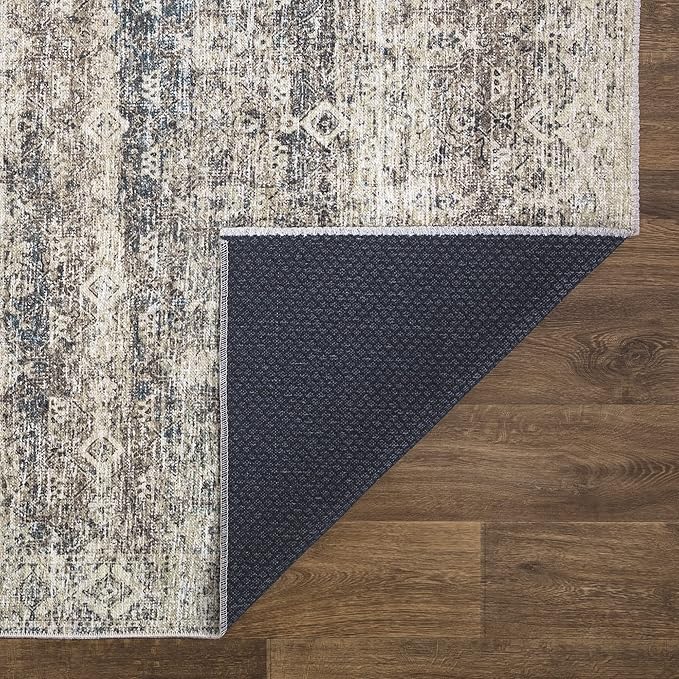 Bloom Rugs Caria Washable Non-Slip 12 ft Runner - Beige Brown/Teal Traditional Runner for Entryway, Hallway, Bathroom, and Kitchen - Exact Size: 2'6" x 12'
